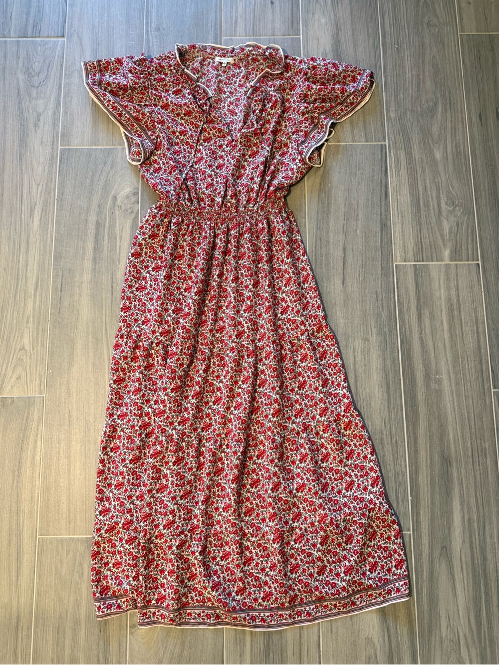 Max Studio Smocked Waist Red Floral Maxi Dress with Flutter Sleeves
